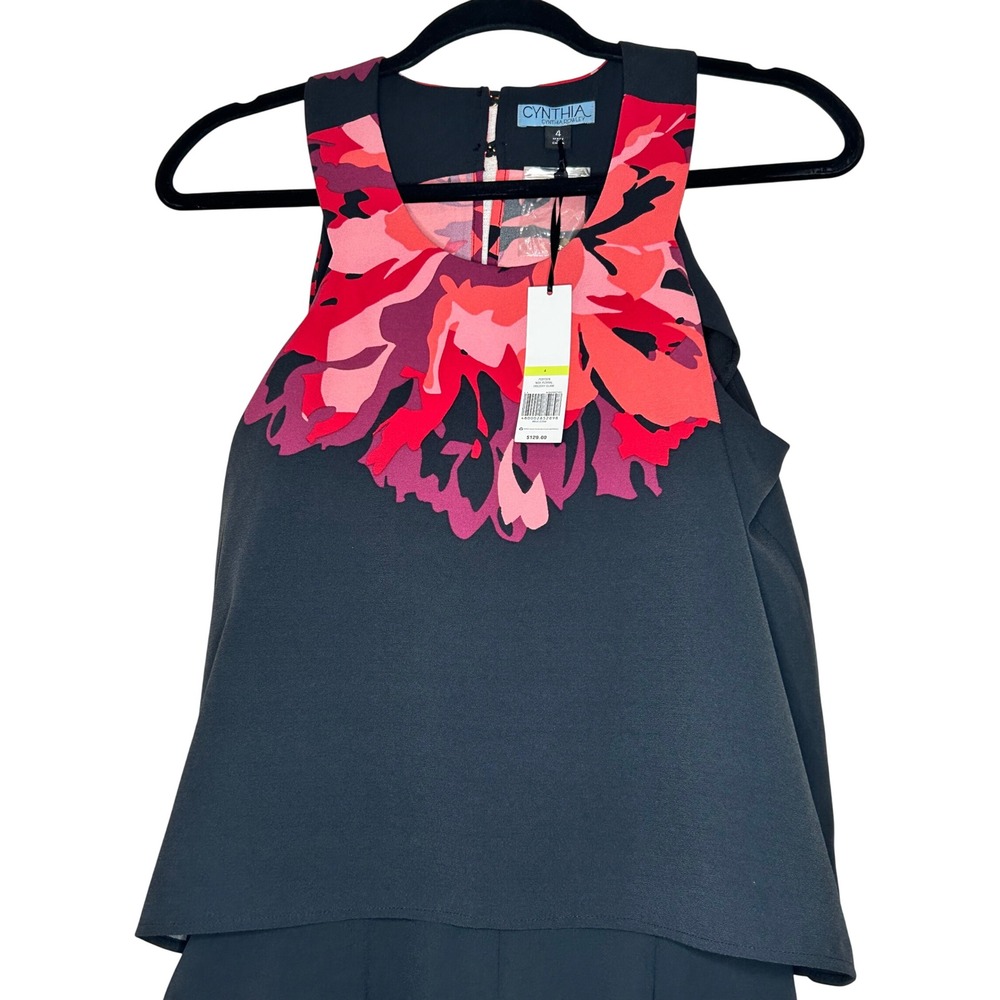 Cynthia Rowley Black Floral Bib Layered Jumpsuit NWT Holiday Glam Size 4 - Picture 4 of 8